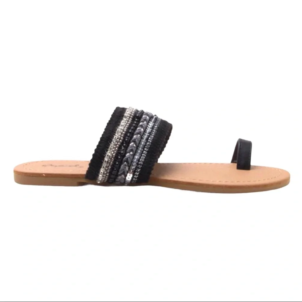 Black + Silver Boho Embellished Toe Ring Slide Sandal Size 5.5 & 6 - Picture 8 of 10